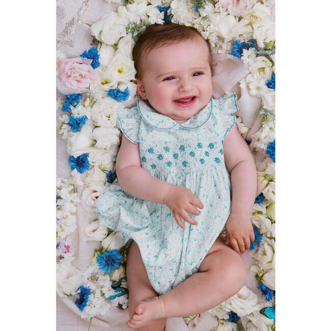 Cosmos Floral Frilled Cap Sleeve Smocked Bubble, Blue - Onesies - 2