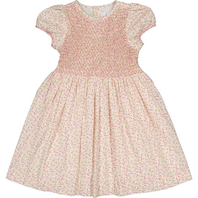 Cherry Floral Short Puff Smocked Dress, Pink