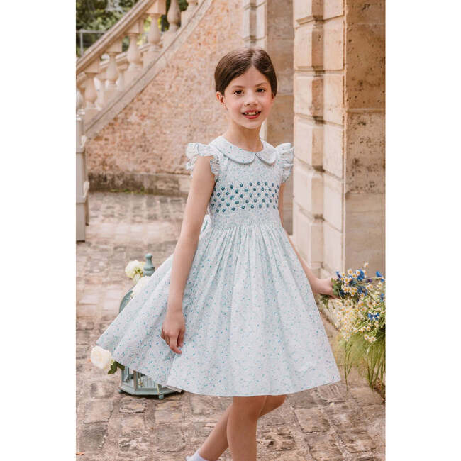 Cosmos Floral Frilled Cap Sleeve Smocked Dress, Blue - Dresses - 2
