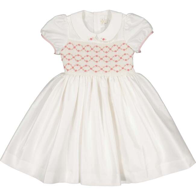 Bagatelle Silk Handmade Smocked Dress, White/Pink