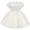 Bagatelle Silk Handmade Smocked Dress, White/Blue - Dresses - 1 - thumbnail