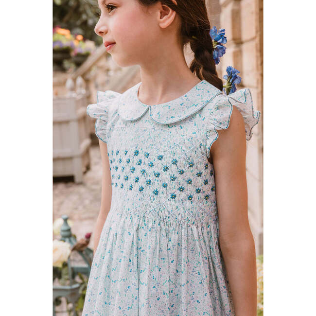 Cosmos Floral Frilled Cap Sleeve Smocked Dress, Blue - Dresses - 3