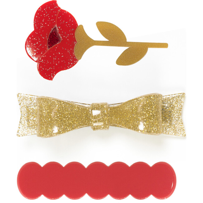 Rose With Glitter Bow Hair Clips, Red & Gold