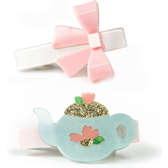 Tea Pot & Bow Hair Clips, Pink
