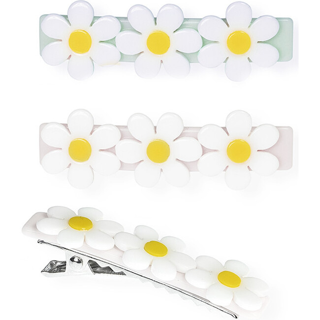 Daisies Satin Pastel Color Hair Clips, White & Multicolors (Set of 3)