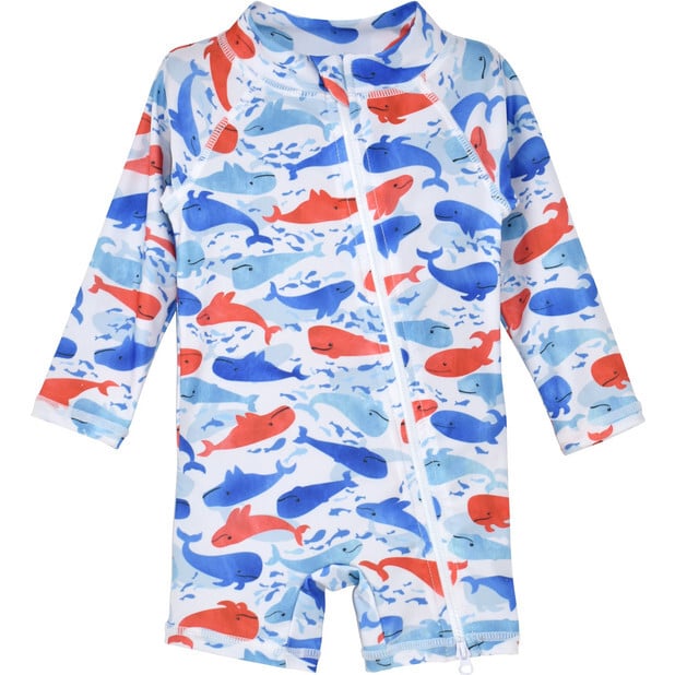 UPF 50 Shortie Surf Swimsuit, Splish Splash Whale Blue