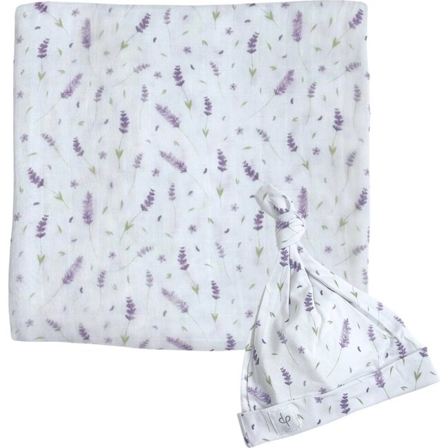Bamboo Muslin Swaddle Blanket & Topknot Set, French Lavender