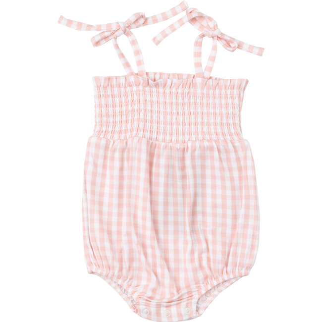 Mini Gingham Tie Strap Smocked Bubble, Pink