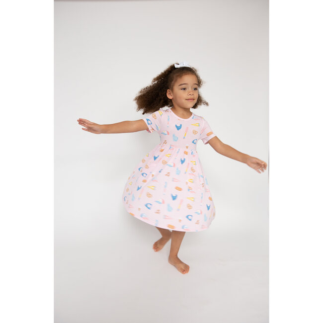 Softball Print Twirly Short Sleeve Dress, Pink - Dresses - 4