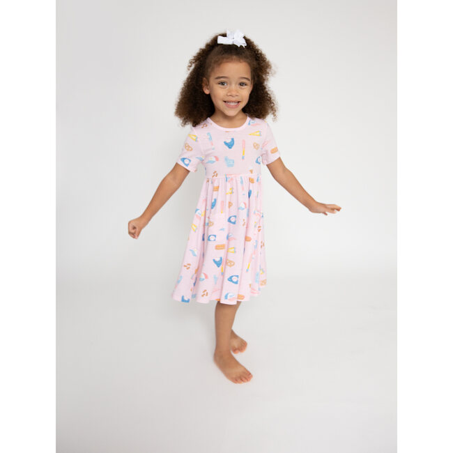 Softball Print Twirly Short Sleeve Dress, Pink - Dresses - 5