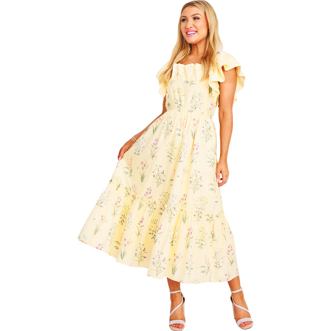 Women's The Elle Ruffle Sleeve Midi Dress, Yellow Garden Floral