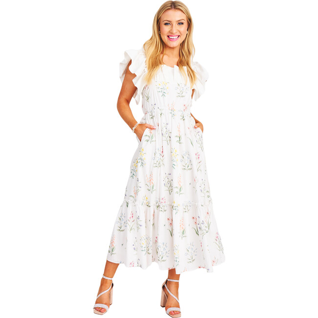 Women's The Elle Ruffle Sleeve Midi Dress, White Garden Floral