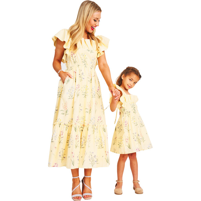 Women's The Elle Ruffle Sleeve Midi Dress, Yellow Garden Floral - Dresses - 4