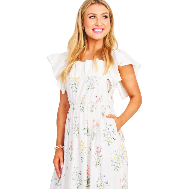 Women's The Elle Ruffle Sleeve Midi Dress, White Garden Floral - Dresses - 4