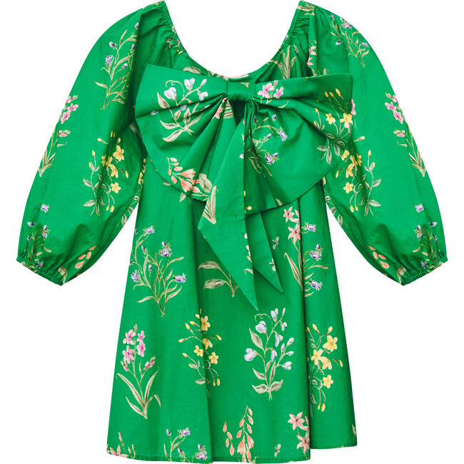 Girl's The Blair Scalloped Neck Chest Bow Dress, Green Garden Floral