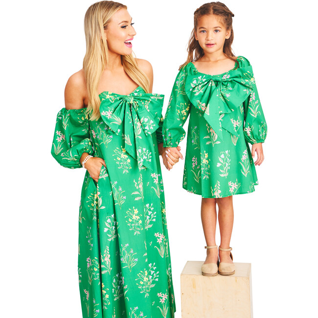Girl's The Blair Scalloped Neck Chest Bow Dress, Green Garden Floral - Dresses - 6