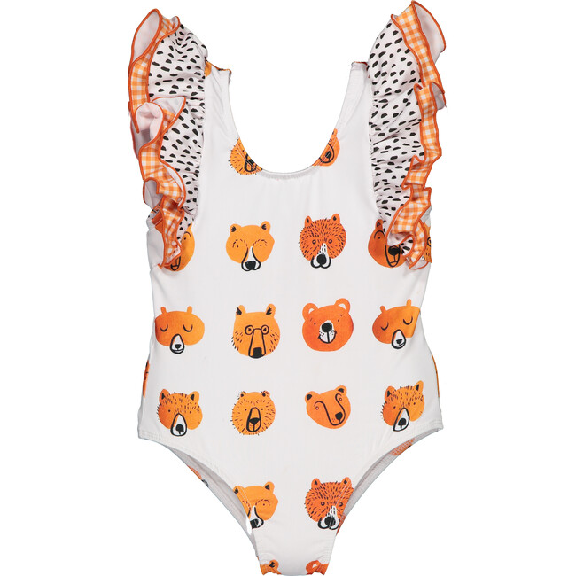 Bears Print Dots Swimsuit, Orange & Black