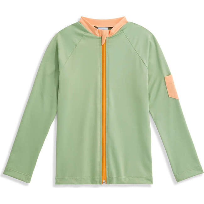 Zip Front Rash Guard with Pocket, Green with Orange