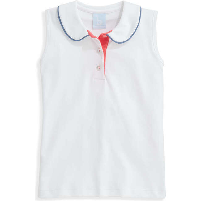 Sleeveless Pima Peter Pan Tee, White with Steel Blue & Coral