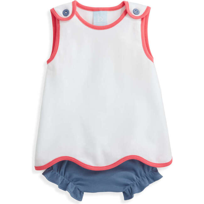 Pique Millie Bloomer Set, White with Pier Blue & Coral