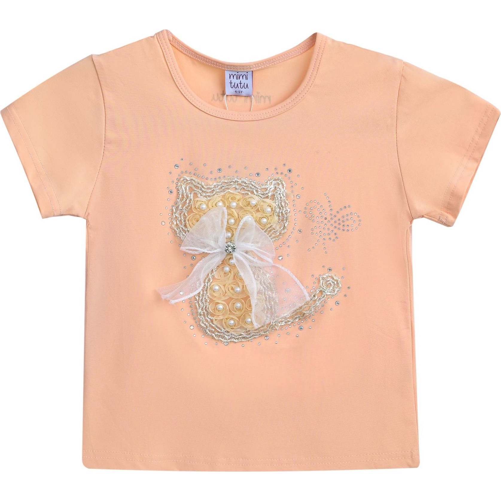 Cat Applique T-Shirt, Peach - T-Shirts - 1