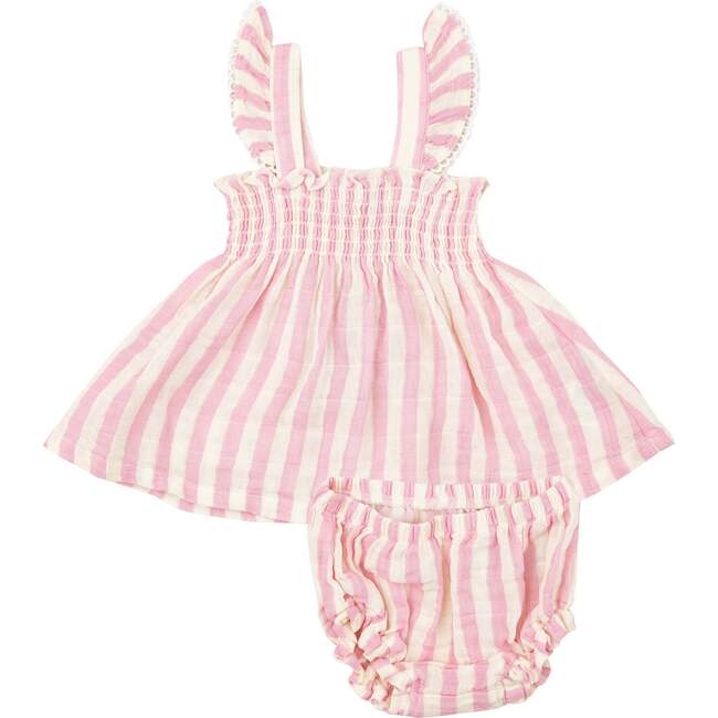 PINK STRIPE RUFFLE STRAP SMOCKED TOP AND DIAPER COVER, Pink