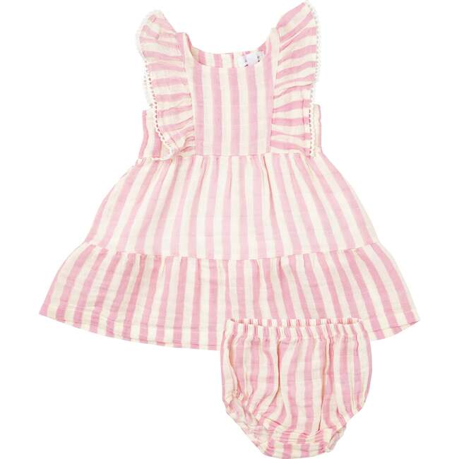 PINK STRIPE PICOT EDGED DRESS + DIAPER COVER, Pink