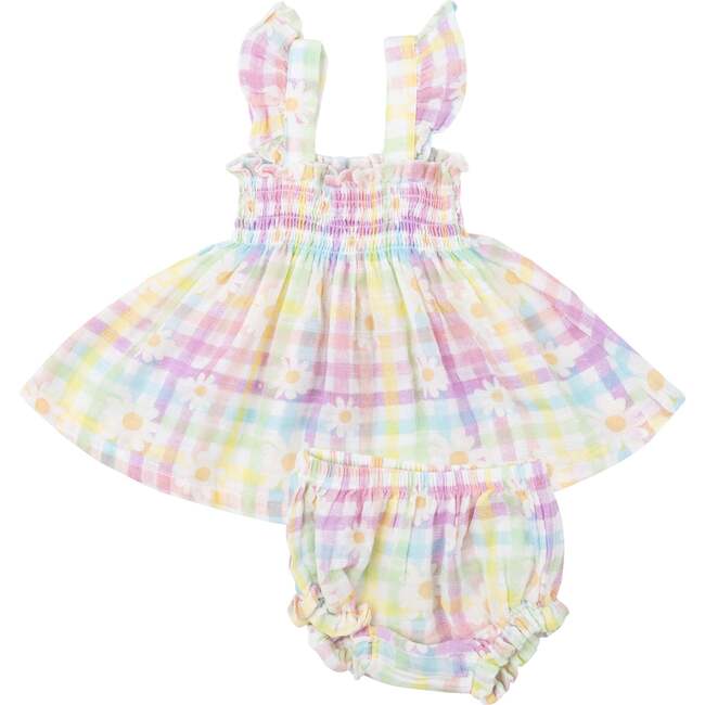 GINGHAM DAISY RUFFLE STRAP SMOCKED TOP AND DIAPER COVER, Multi