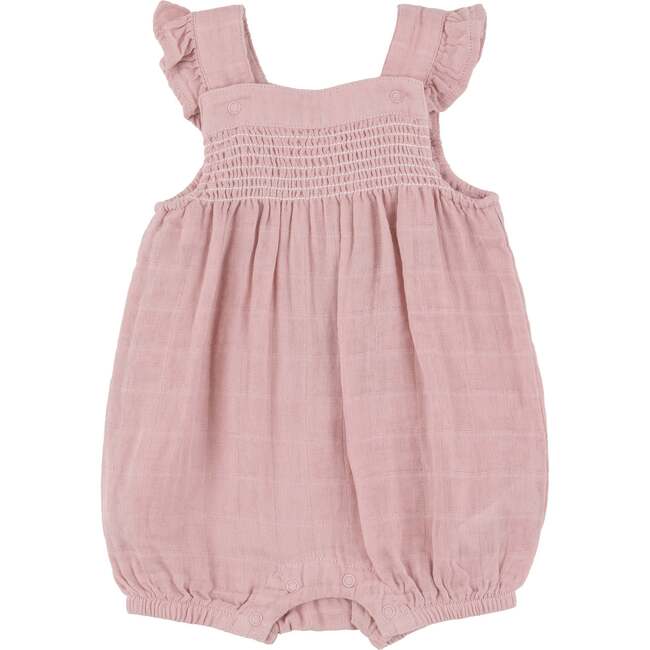 DUSTY PINK SOLID MUSLIN SMOCKED FRONT OVERALL SHORTIE, Pink