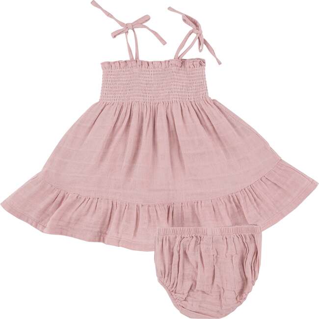 DUSTY PINK SOLID MUSLIN TIE STRAP SMOCKED SUN DRESSS DIAPER COVER, Pink