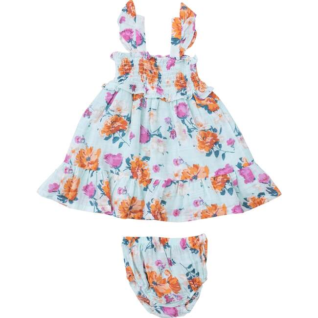 SOFT PETALS FLORAL SMOCKED RUFFLE SUNDRESS & DIAPER COVER, Blue