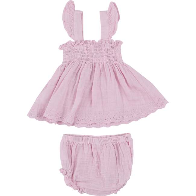 BALLET SOLID MUSLIN RUFFLE STRAP SMOCKED TOP AND DIAPER COVER, Pink - Dresses - 2