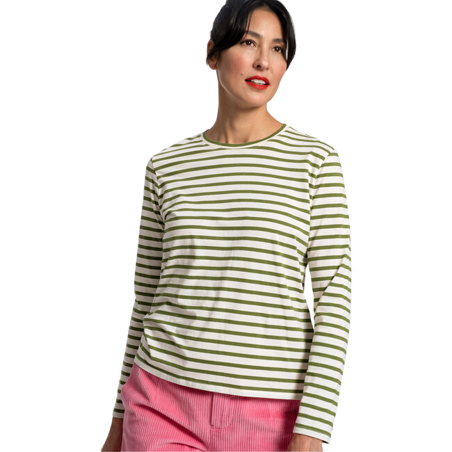 Womne's Striped Top, Oyster Thick/Green Thin