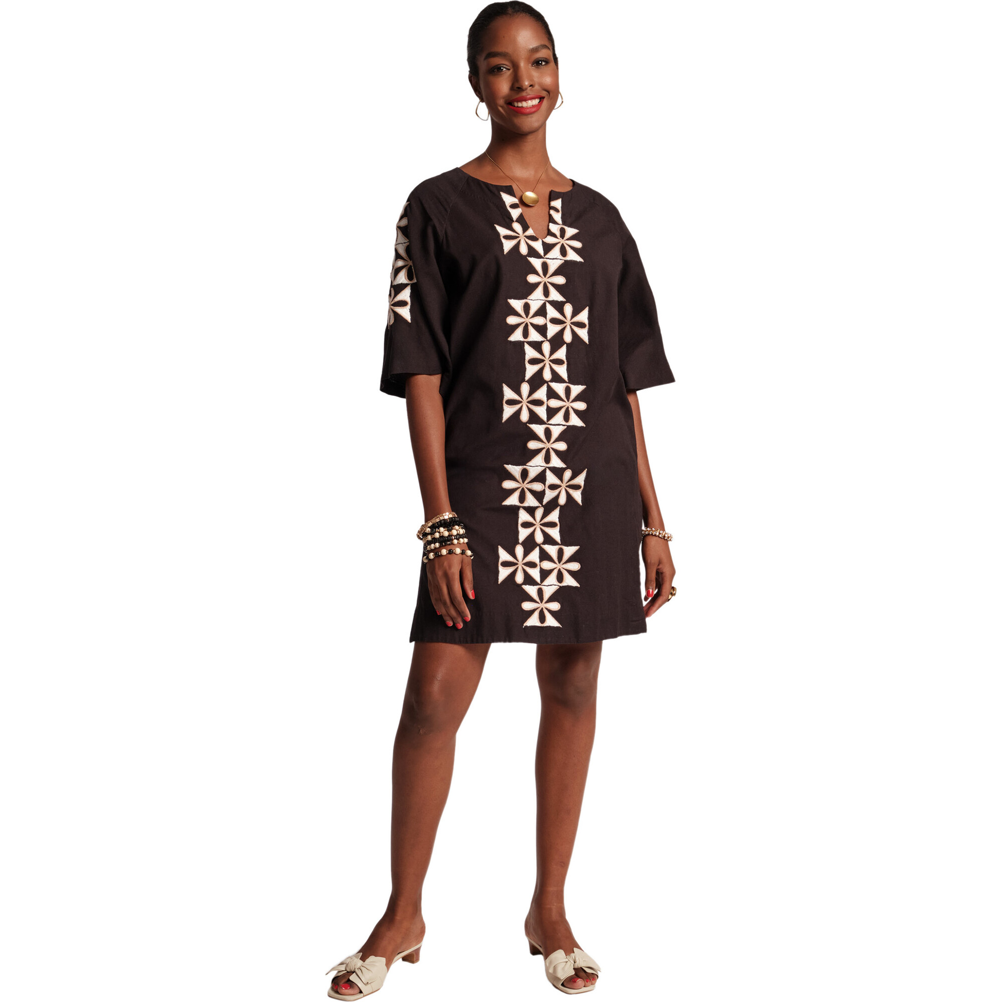 Women's Charming Caftan Mini Gambit, Black/Multi - Dresses - 1