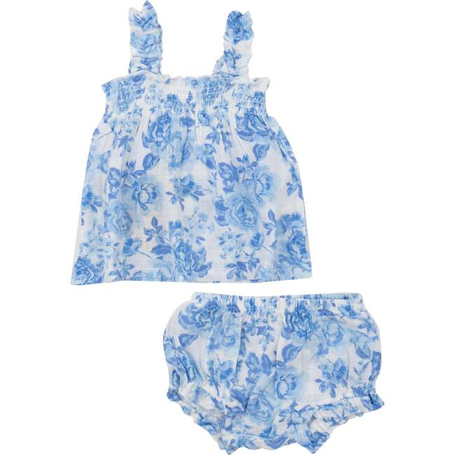 ROSES IN BLUE RUFFLY STRAP TOP AND BLOOMER SET, Blue