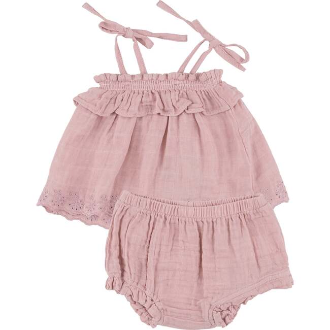 DUSTY PINK SOLID MUSLIN RUFFLE TOP & BLOOMER, Pink