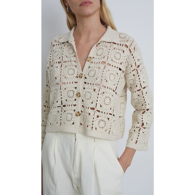 Women's Tasha Grandma Squares Crochet Crop Jacket, Ivory - Jackets - 4