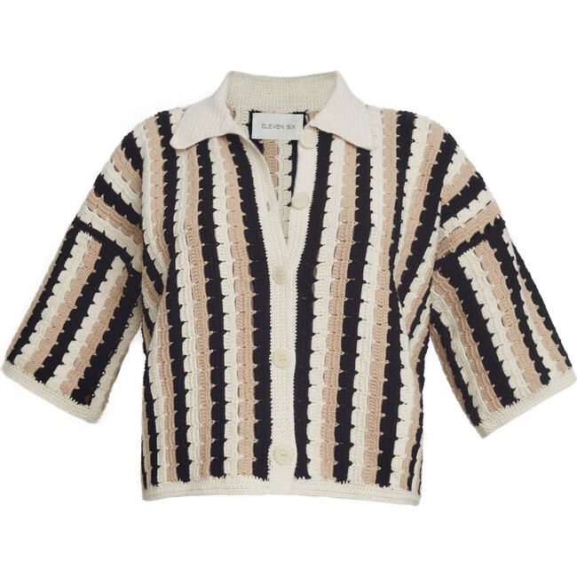 Women's Lila Crochet Vertical Stripe Shirt, Ivory, Black & Sand Combo