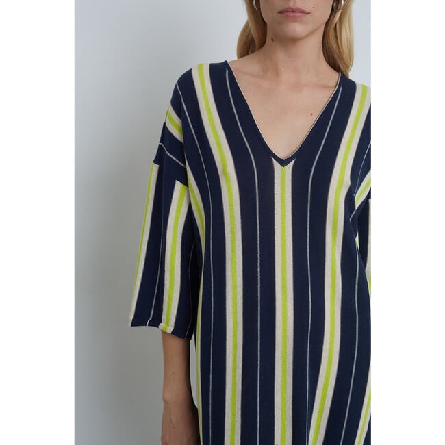 Women's Maya Stripe Braided Tassel Back Tie Tunic Dress, Navy, Ivory & Lime Combo - Dresses - 2