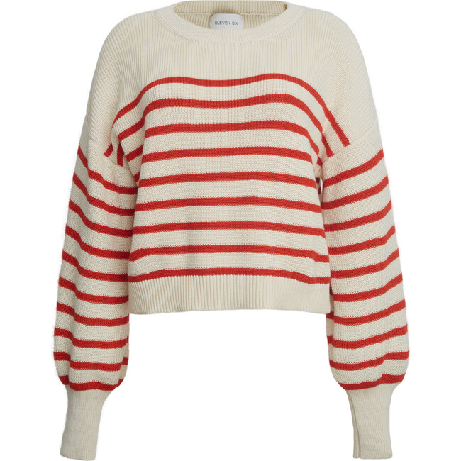 Women's Layla Blouson Sleeve Stripe Sweater, Ivory & Tomato