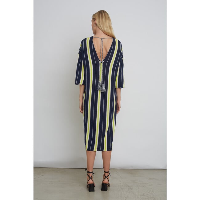 Women's Maya Stripe Braided Tassel Back Tie Tunic Dress, Navy, Ivory & Lime Combo - Dresses - 5