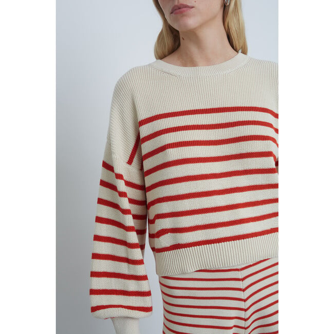 Women's Layla Blouson Sleeve Stripe Sweater, Ivory & Tomato - Sweaters - 4