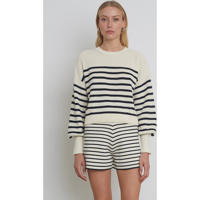 Women's Layla Blouson Sleeve Stripe Sweater, Ivory & Navy - Sweaters - 3