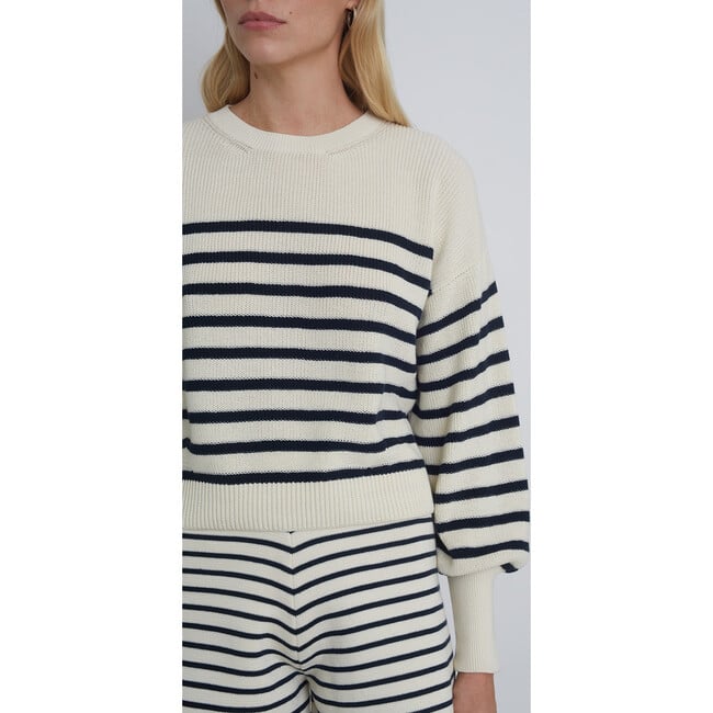 Women's Layla Blouson Sleeve Stripe Sweater, Ivory & Navy - Sweaters - 4