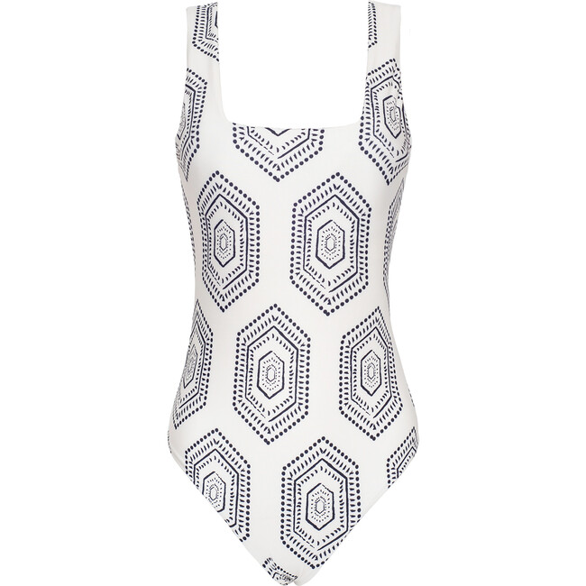 Women's Print Seamless Double Back Strap One-Piece Swimsuit, White & Black