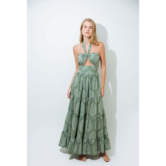Women's Front Cut-Out Smocked Back Adjustable Neck String Maxi Dress, Sage & White - Dresses - 2