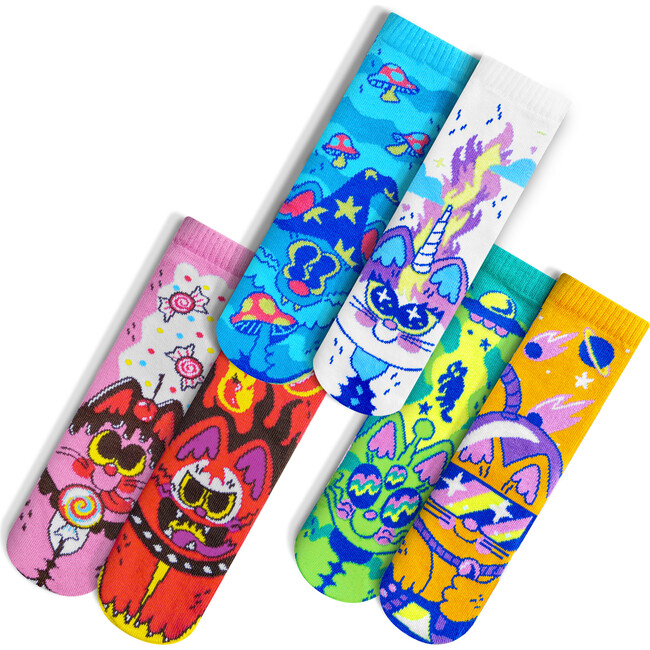 Gabbercats Collection Bundle! 3 Pairs of Limited Edition Psychedelic Mismatched Cat Socks