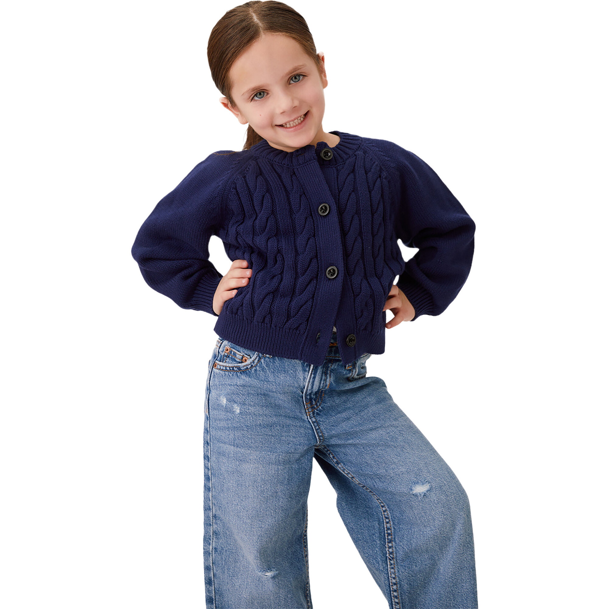 Livi Cable Knit Cardigan, Navy - Sweaters - 1
