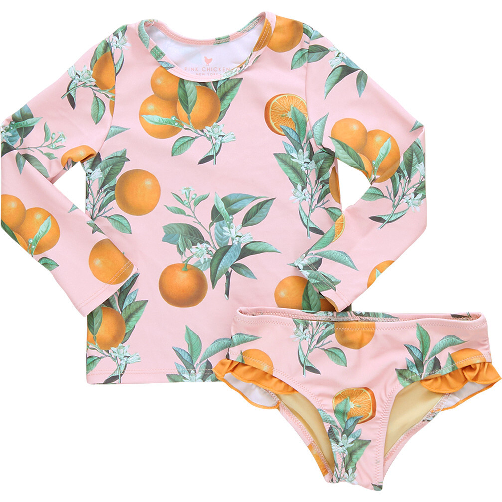 Girls Rash Guard Set, Pink Botanical Oranges - Two Pieces - 1