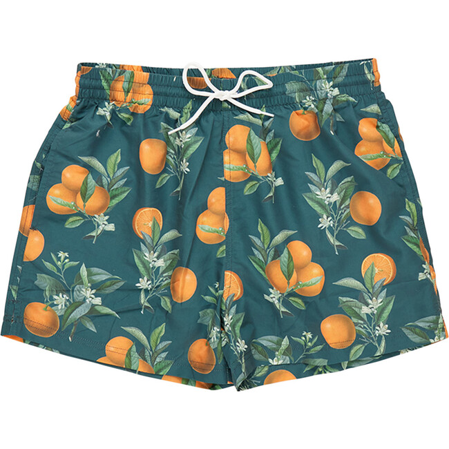 Mens Swim Trunk, Green Botanical Oranges